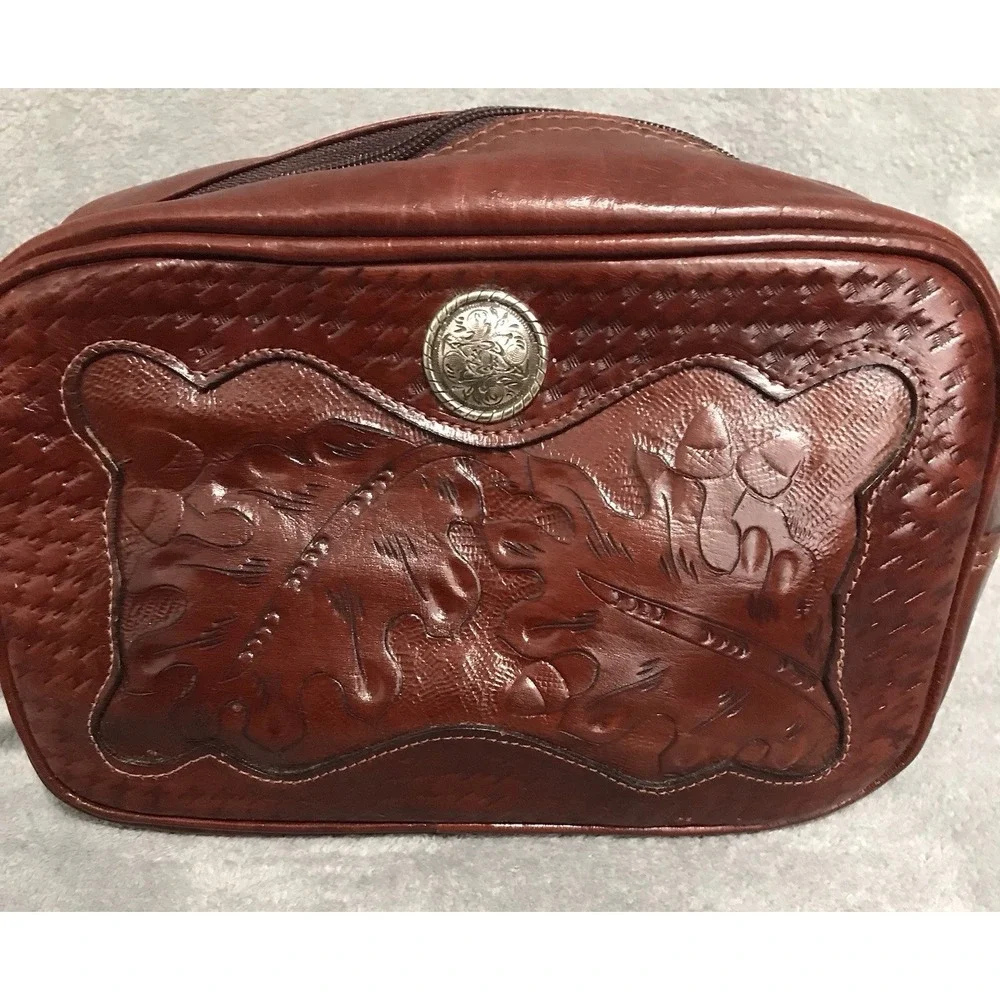 American West Embossed Tooled Leather Toiletry Cosmetic Bag Western Leaf Style